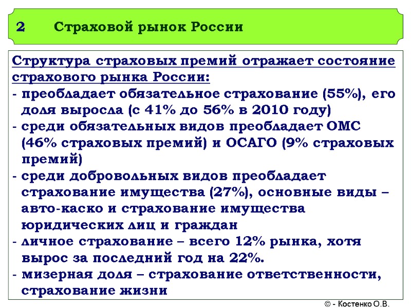 2 Страховой рынок России Структура страховых премий отражает состояние страхового рынка России: - преобладает